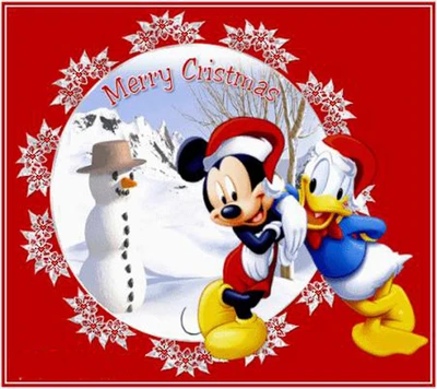 Mickey et Donald célèbrent un Joyeux Noël avec un bonhomme de neige