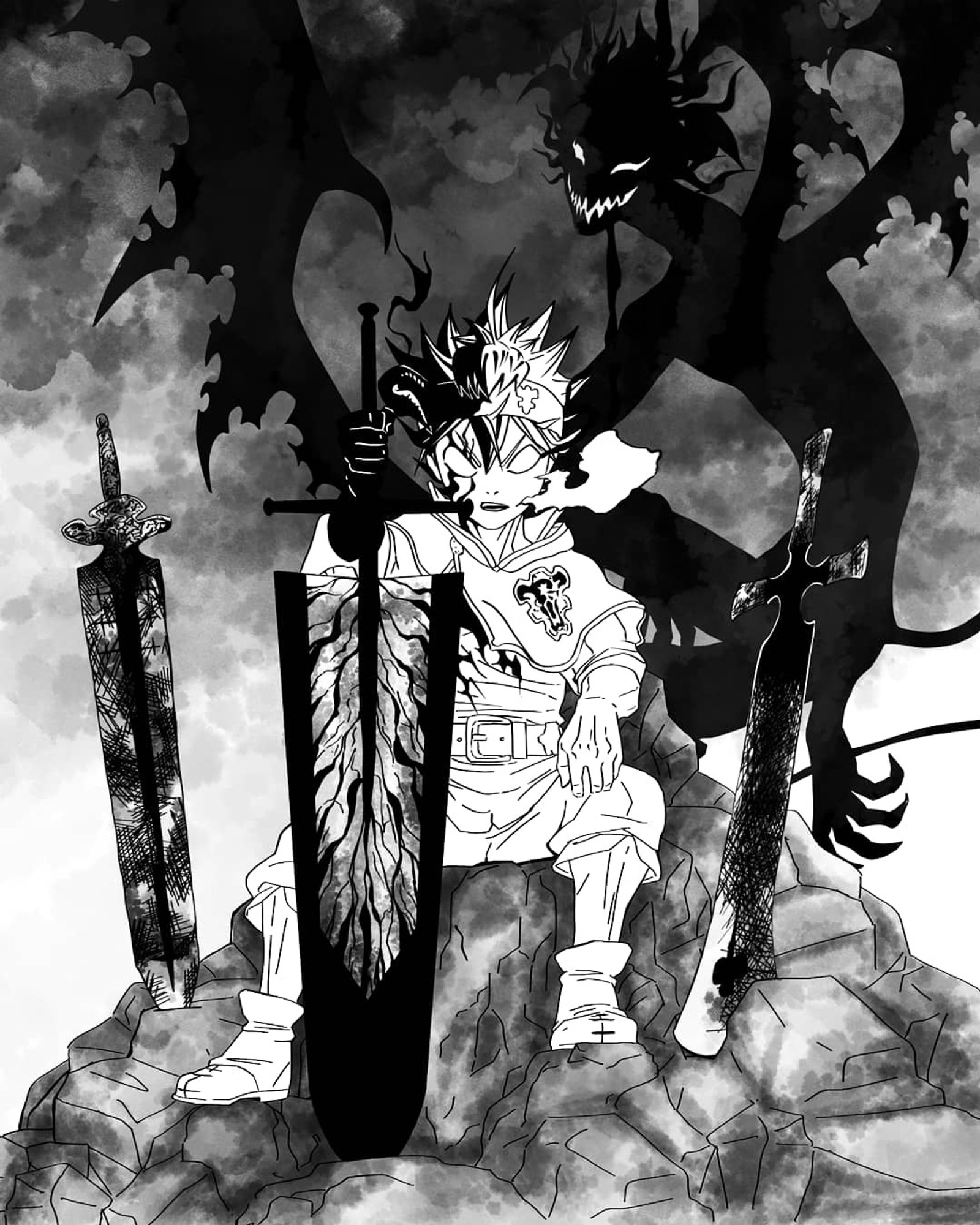 Anime drawing of a man sitting on a rock with a sword (5 leaf clover, asta, black asta, black bulls, black clover)