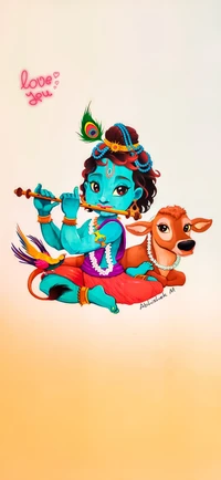 Charming Illustration of Baby Krishna with Flute and Calf