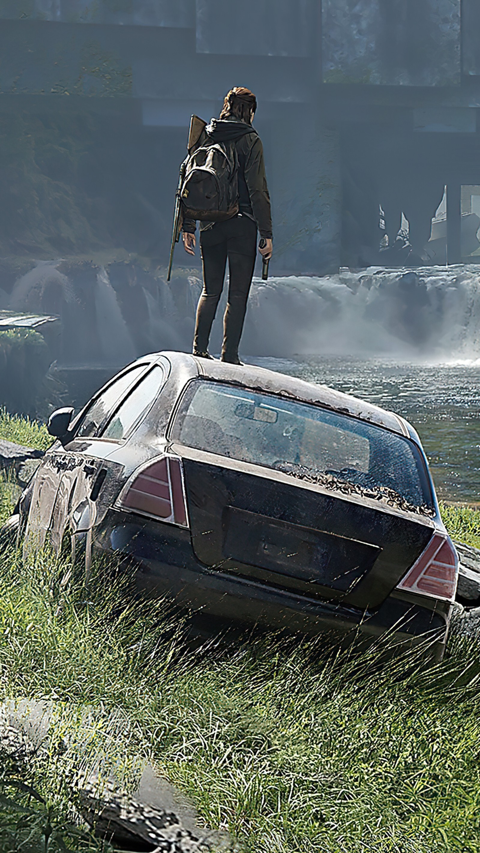 There is a man standing on top of a car in the grass (apocalypsis, ellie, the last of us, zombies)