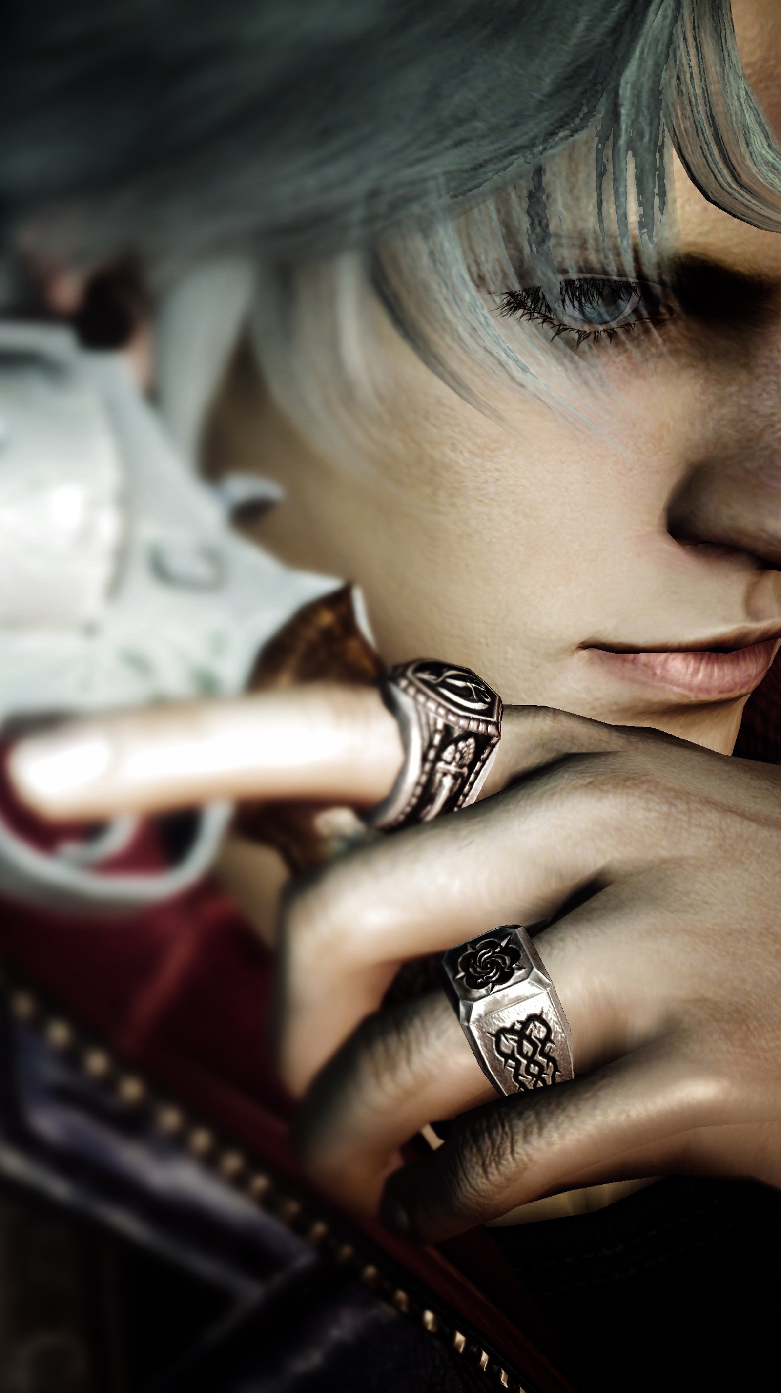 Eine frau mit einem ring am finger und einem ring am finger (dante, dmc, ebony)