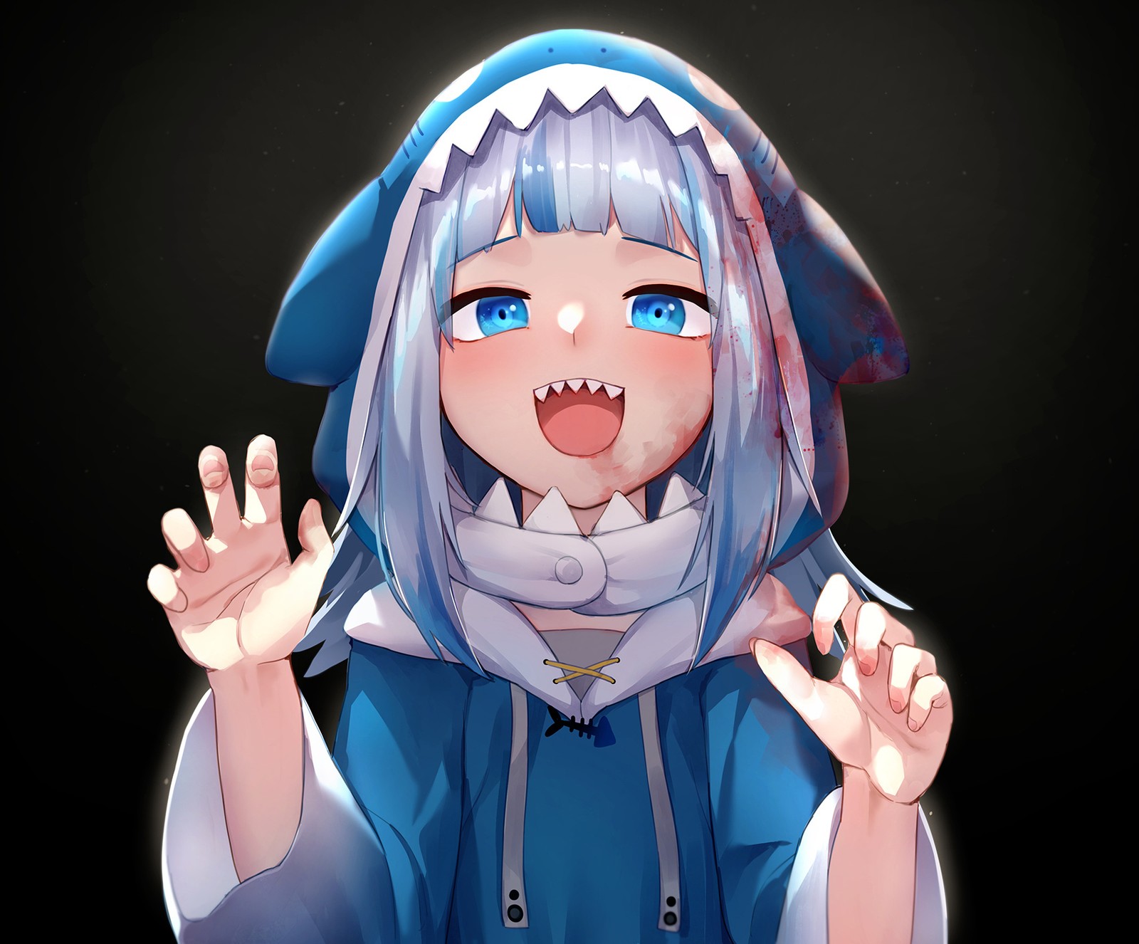 Chica de anime con ojos azules y sudadera azul haciendo una cara tonta (orejas de animales, anime, gawr, niña, loli)