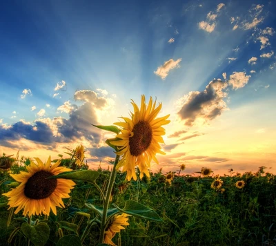 Golden Sunflowers Under a Radiant Sky at Sunset