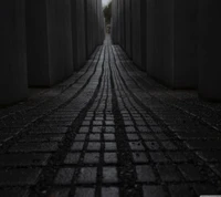 Un chemin sombre à travers de hautes colonnes grises, reflétant un sentiment de souvenir et de contemplation.