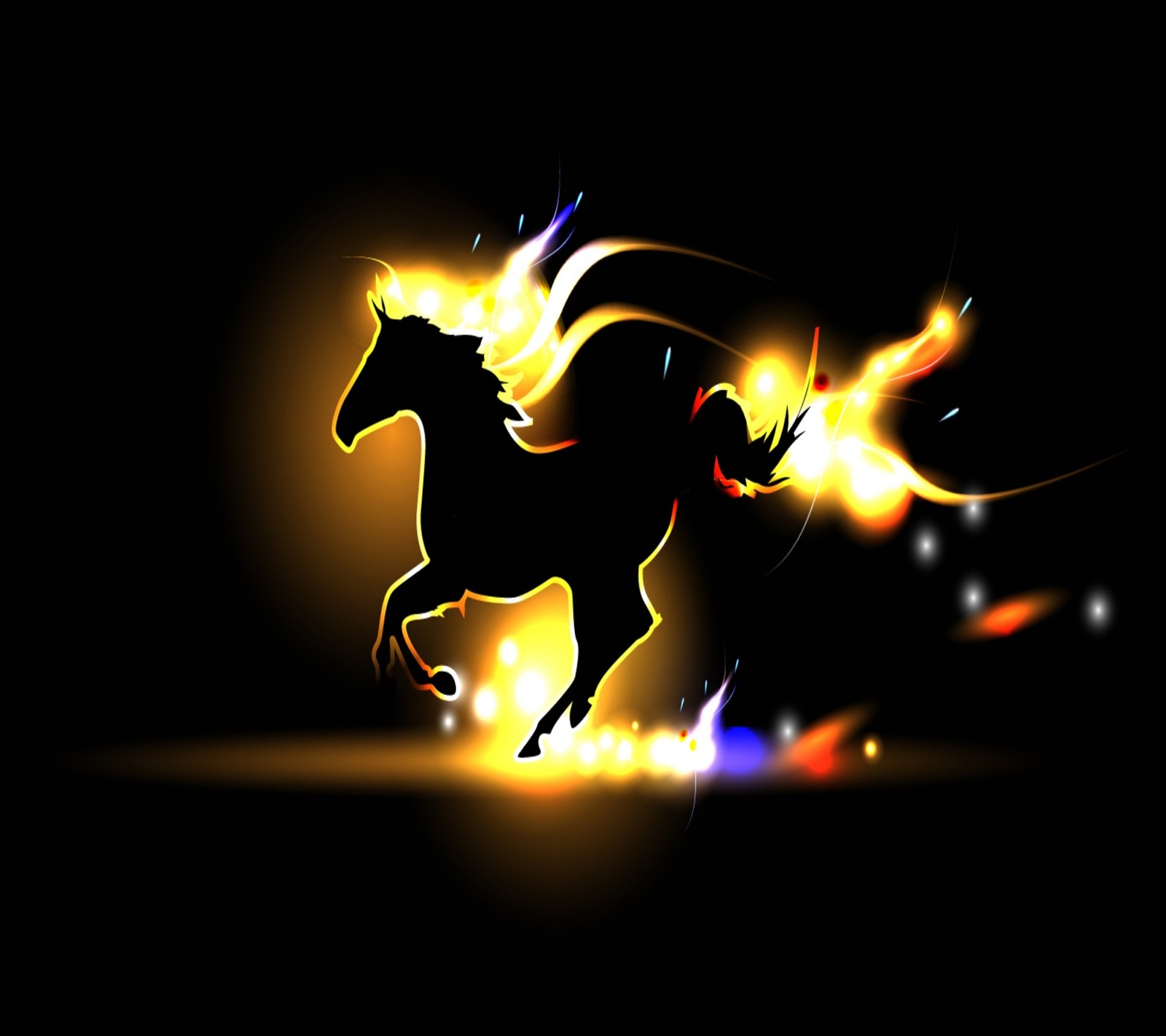 Araffe horse running in the dark with bright lights (horses, wallpaper)