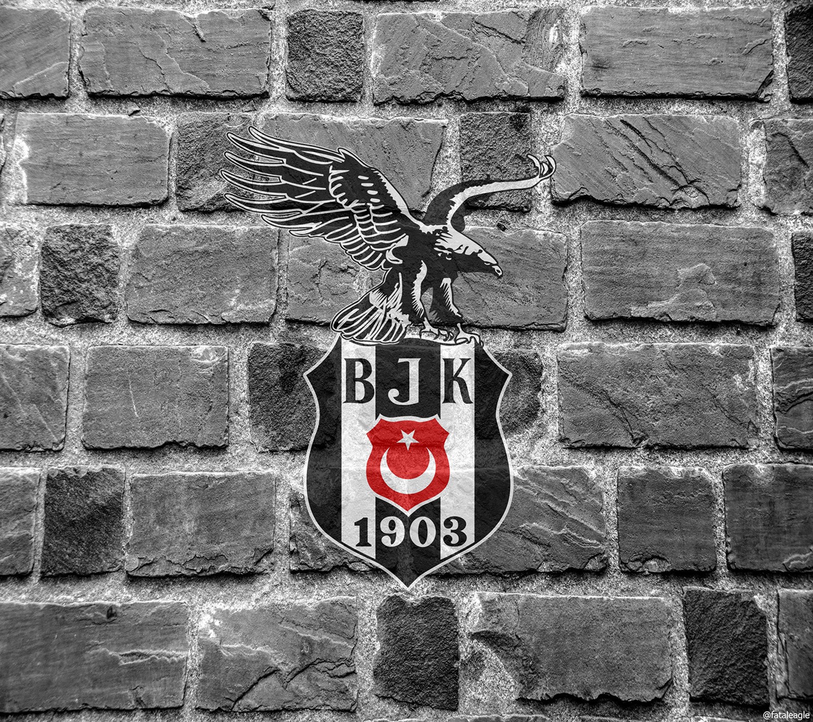 Une image d'un mur en briques avec une photo noir et blanc d'un oiseau dessus (besiktas, bjk, aigle, karakartal, kartal)