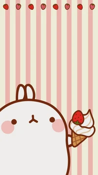 Adorable bunny holding a strawberry ice cream cone against a striped pastel background.