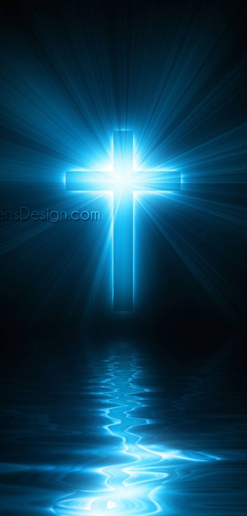 A close up of a cross with a light shining over water (earth, space, star, bright, flash)