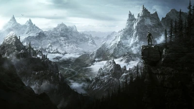 Paisaje épico de Skyrim con el Nacido de Dragón mirando las montañas cubiertas de nieve