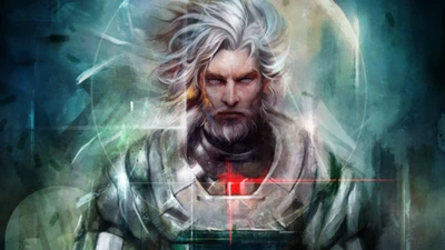 Futuristic warrior character illustration with a striking beard, set against an abstract background, embodying themes of action and adventure in video games.