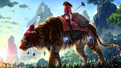 Chica guerrera de anime montando un tigre majestuoso en un paisaje de fantasía