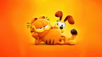 Garfield y Odie relajándose contra un fondo amarillo brillante