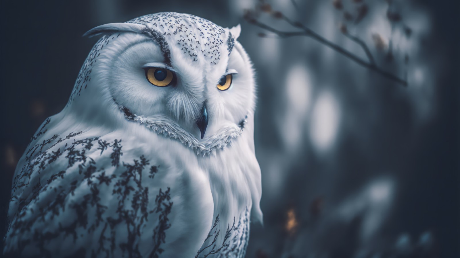 There is a white owl with yellow eyes sitting on a branch (white, owl, animals, birds)