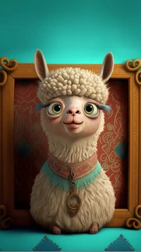 Un personnage de lama fantaisiste avec de grands yeux expressifs, orné d'un chapeau duveteux et d'un collier décoratif, encadré contre un fond vibrant.