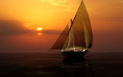 Tranquil Sunset Sail: A Sailboat Gliding Across Serene Waters