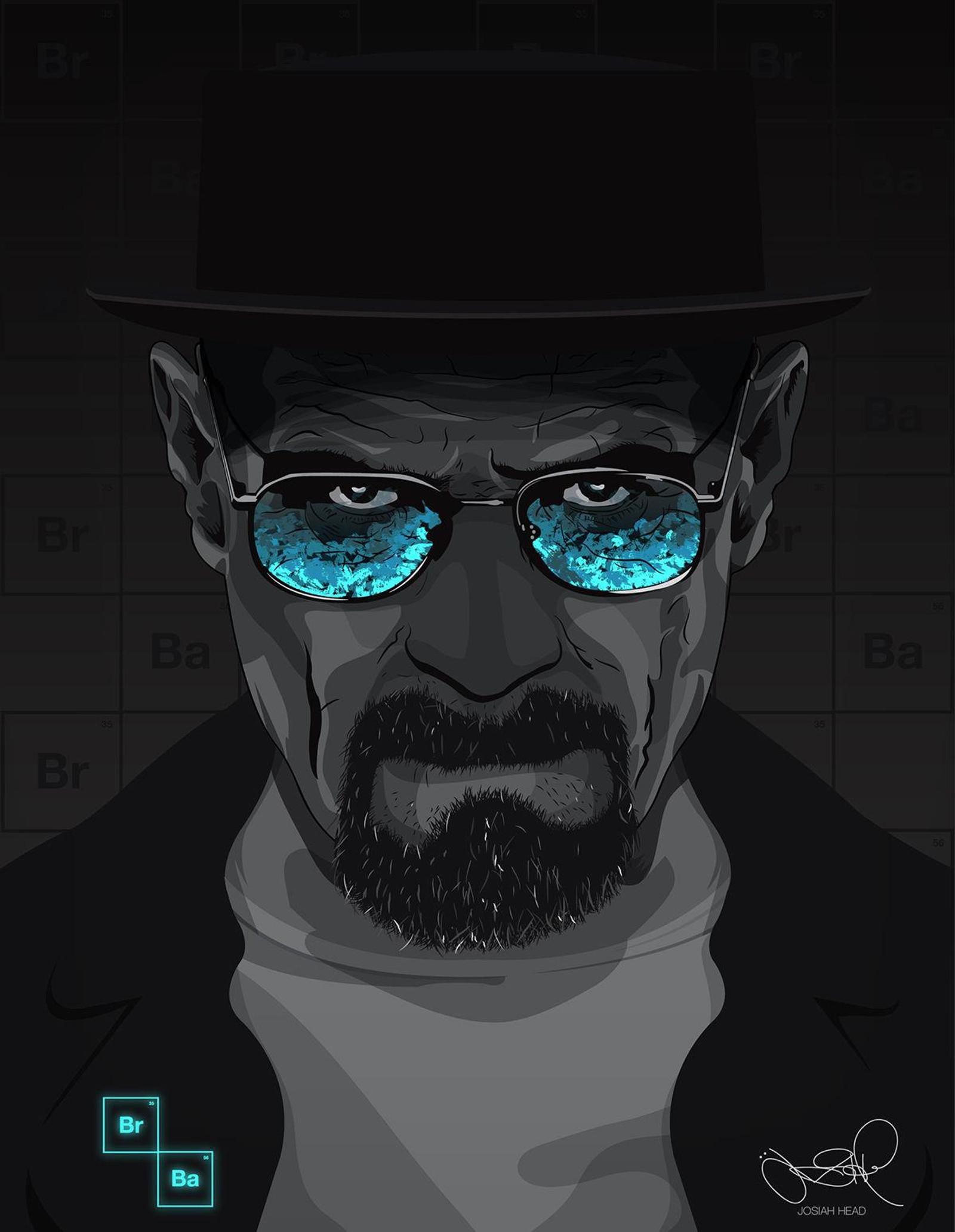 Un primer plano de un hombre con gafas y un sombrero (breaking bad, walter white, amc, cartel, arte)