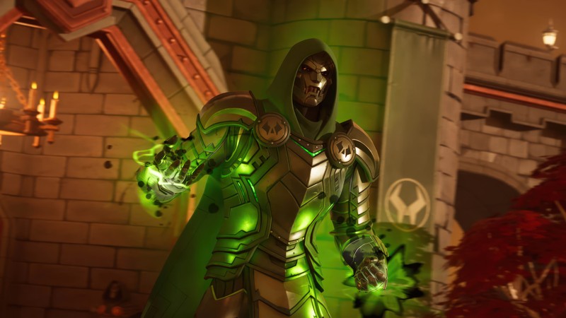 Крупный план статуи человека в зеленом наряде (доктор зловещий, doctor doom, marvel, форнит)