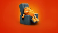 Garfield relaxando em uma poltrona reclinável contra um fundo laranja