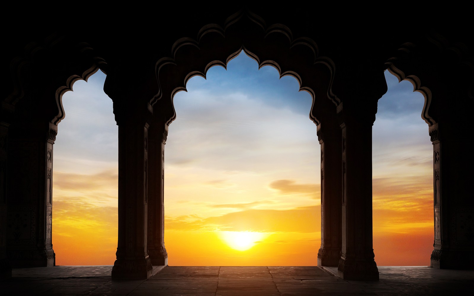 yoga, arch, sunset, horizon, sunrise Download Wallpaper