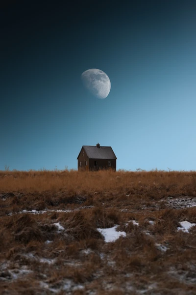 Einsames Haus unter einem Sommermond in isländischer Landschaft