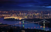 Paisagem urbana de Vancouver à noite: Ponte Lions Gate iluminada contra um céu escuro