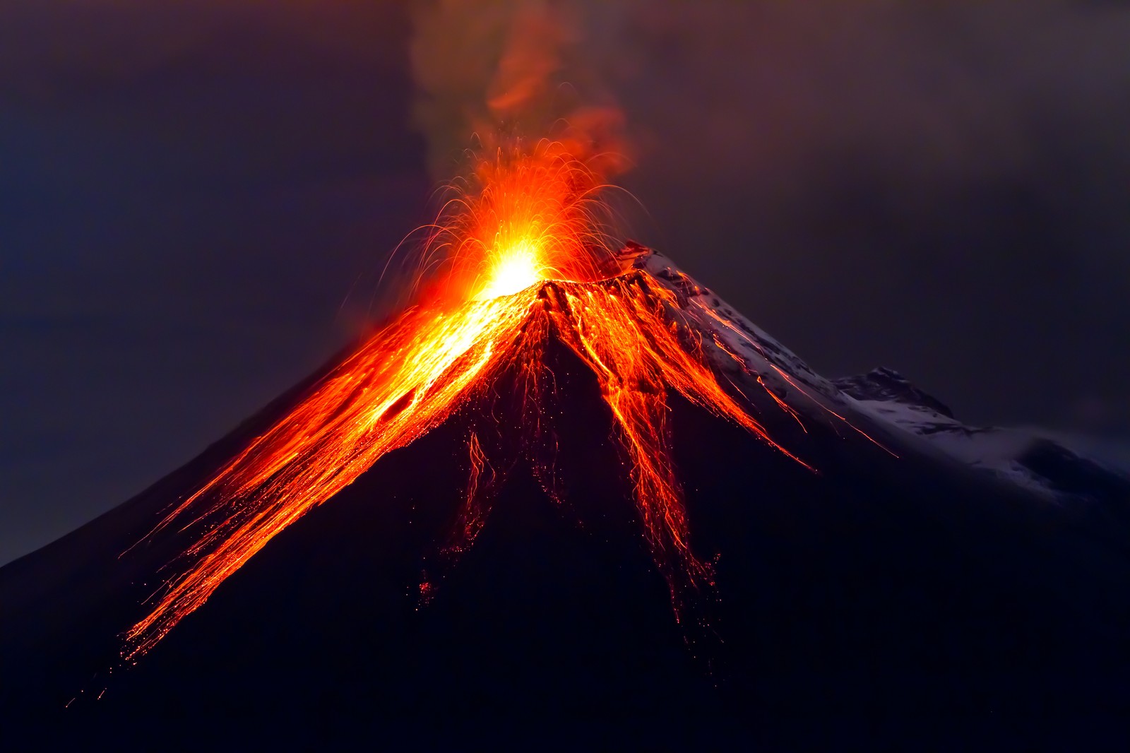 Un grand volcan orange et rouge avec un ciel noir en arrière-plan (volcan, lave, types déruptions volcaniques, dôme de lave, forme volcanique)