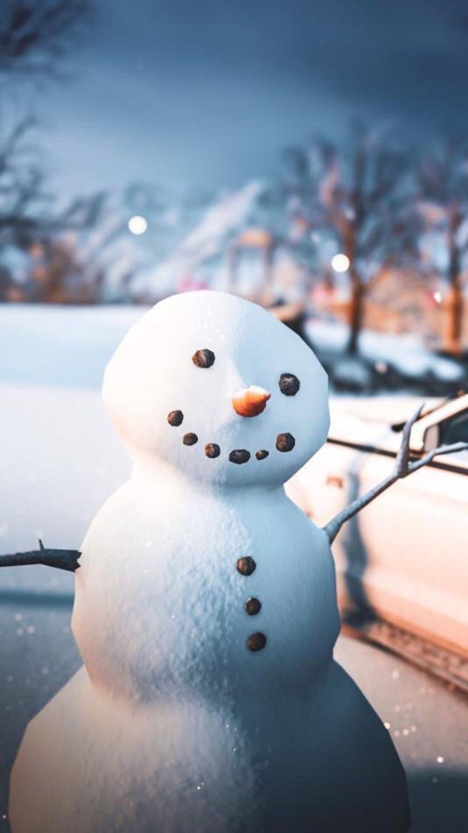 Ein schneemann sitzt am straßenrand (neues jahr, weihnachten, schneemann, schnee, winter)