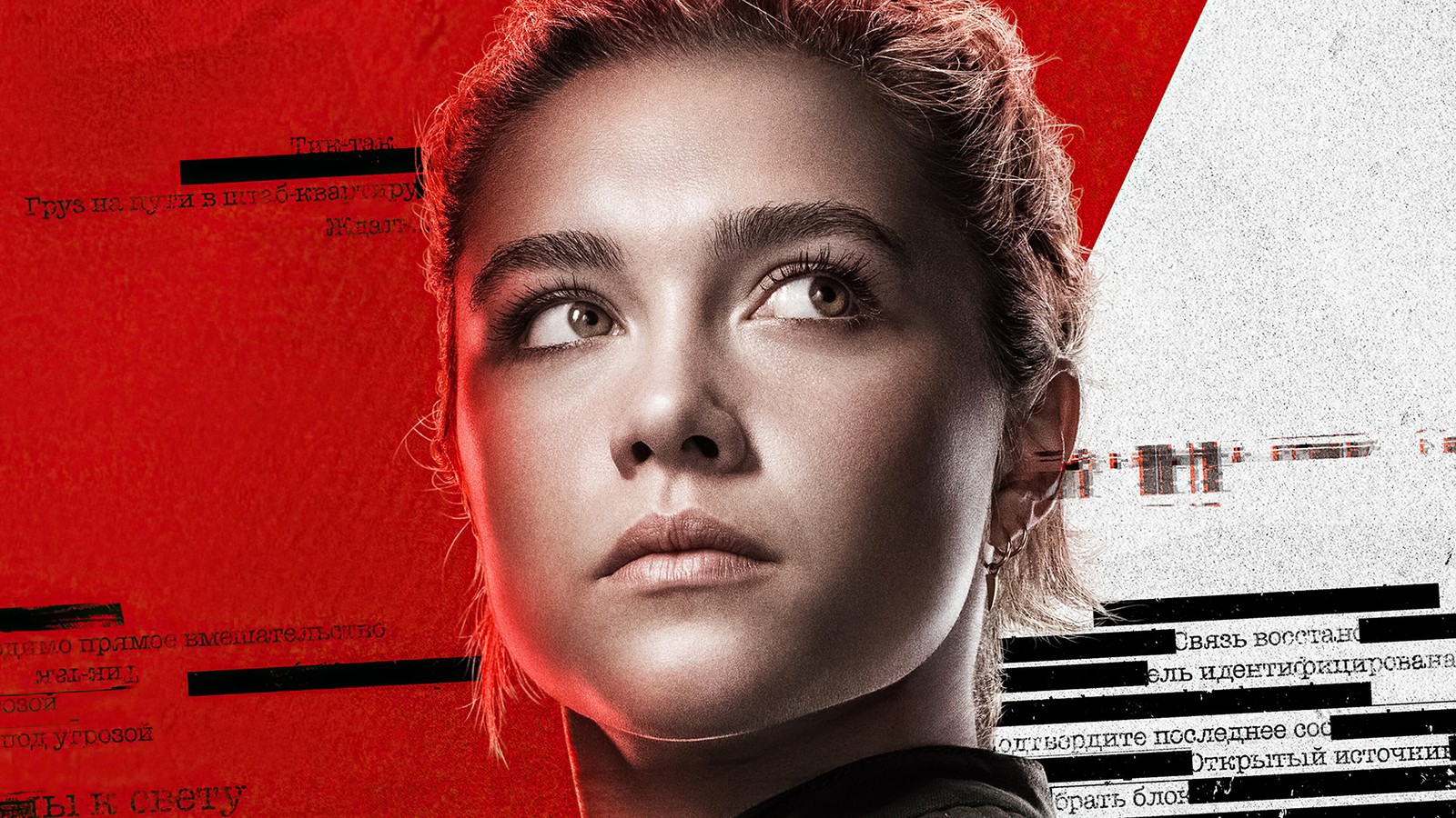 A woman with a red background and a red background with a black and white image of a woman (yelena belova, black widow 2020, movie, florence pugh, marvel)