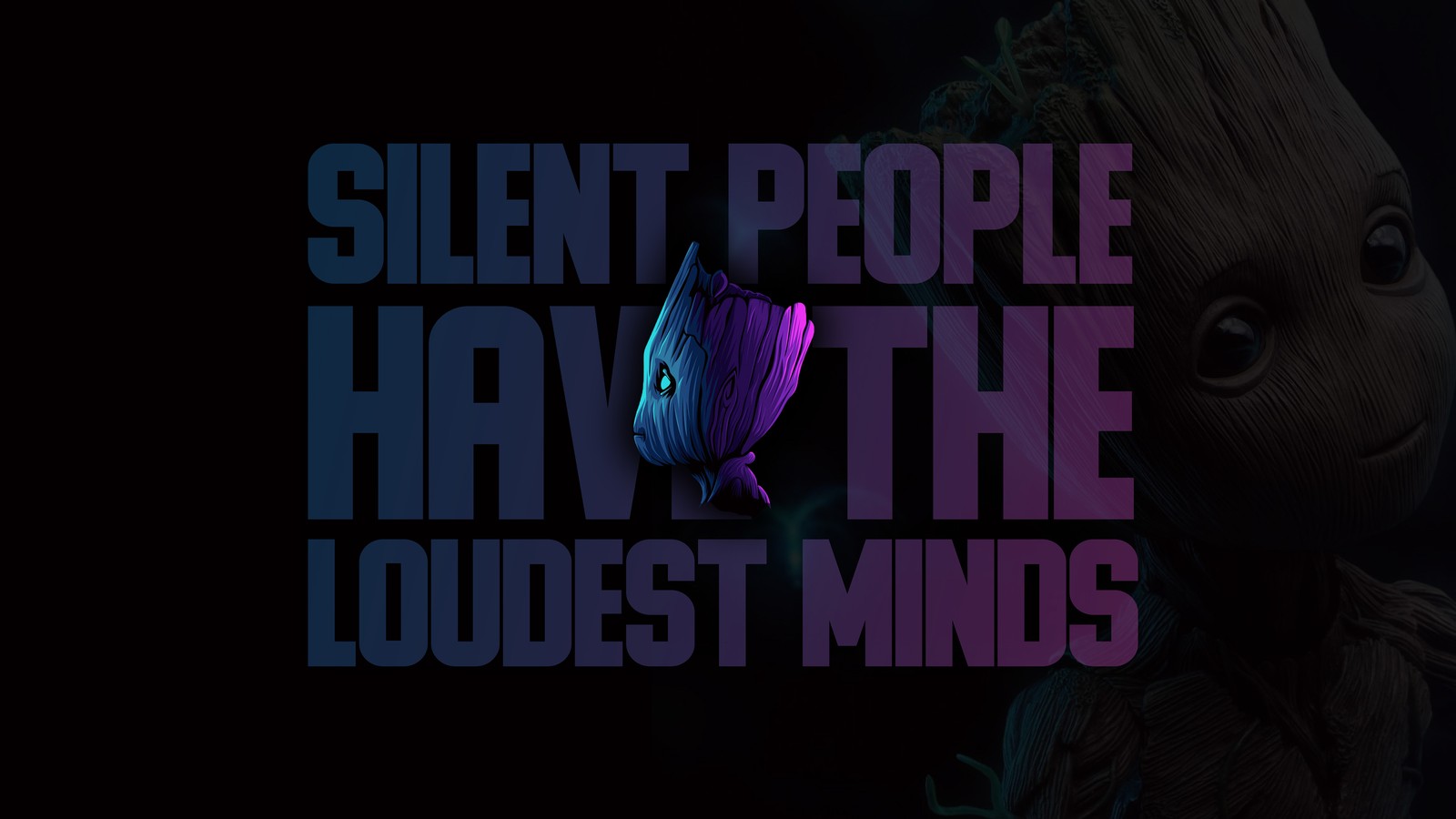 A close up of a grooter with a flower in it (baby groot, silent people have the loudest minds, popular quotes, dark, blackdark)