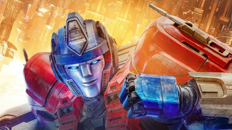 Крупный план робота с оружием перед городом (оптимус прайм, optimus prime, трансформеры один, transformers one, фильм)