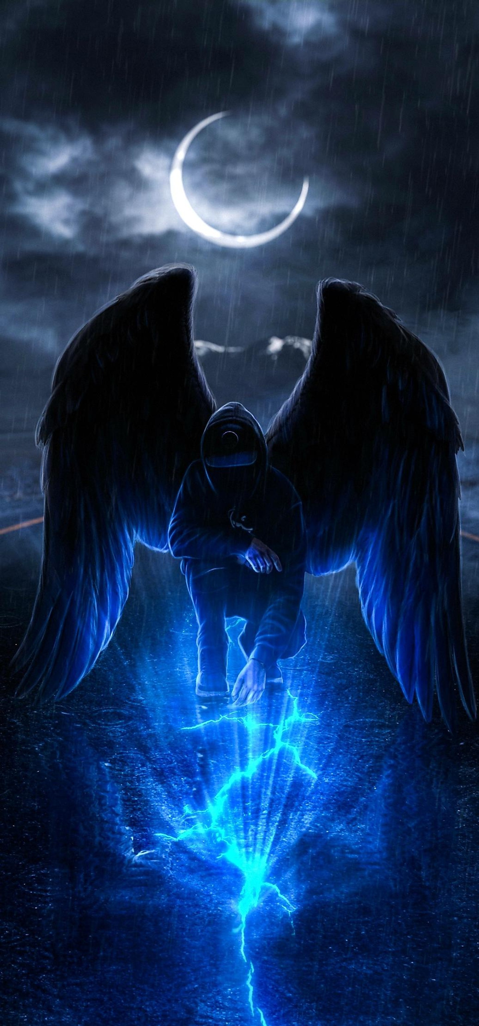 Wings of an angel with a blue light in the middle of the night (angel, art, purple, light, lighting)