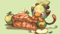 Grookey desfrutando de uma fatia de torta de maçã