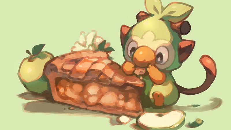 Мультяшный рисунок кота, который ест кусок еды с яблоком (груки, grookey, покемон меч и щит, pokemon sword and shield, видеоигра)