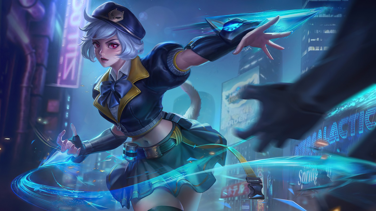 Une femme en tenue noire tenant une épée dans la ville (wanwan, commandant shoujo, shoujo commander, peau, mobile legends)