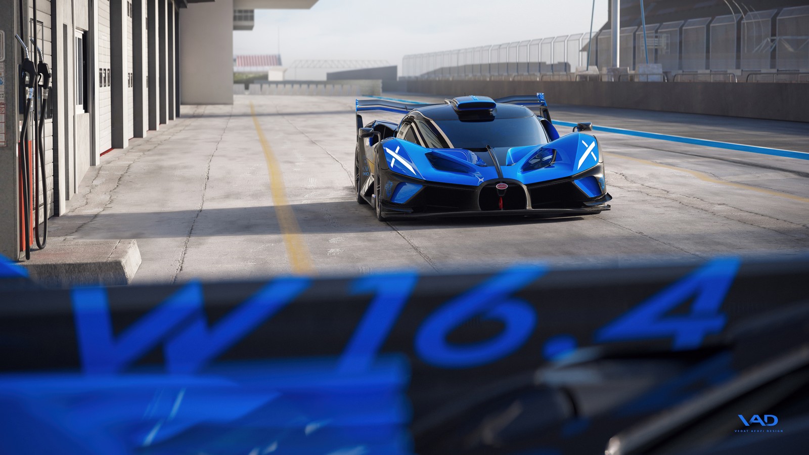 A close up of a blue race car on a track (bugatti bolide, race cars, race track, track cars, 5k)