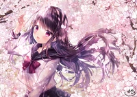 Anime Girl Amidst Cherry Blossoms in Pink Aesthetic