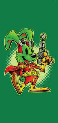 Happy Green Bunny Hero with a Gun in a Colorful Costume