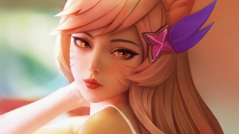 Крупный план женщины с розовым бантом на голове (ахри, ahri, lol, league of legends, видеоигра)