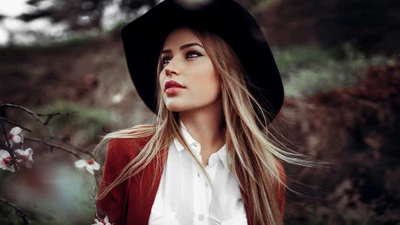 Portrait élégant d'un mannequin de mode avec de longs cheveux bruns flottants, portant un chapeau élégant et un blazer rouge, entouré d'un décor naturel.