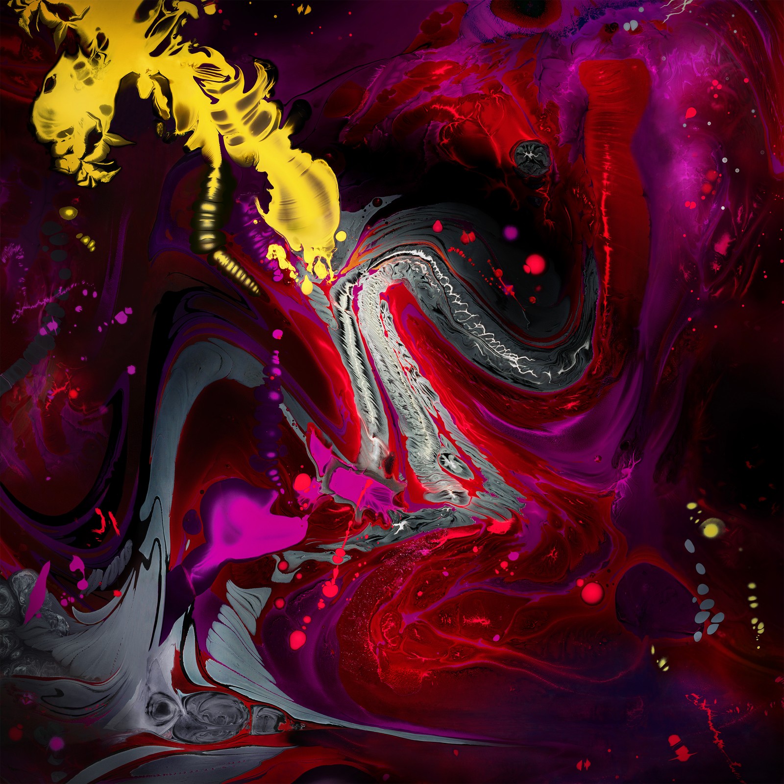 A close up of a painting of a horse with a yellow mane (apple, purple, fractal art, art, pink)