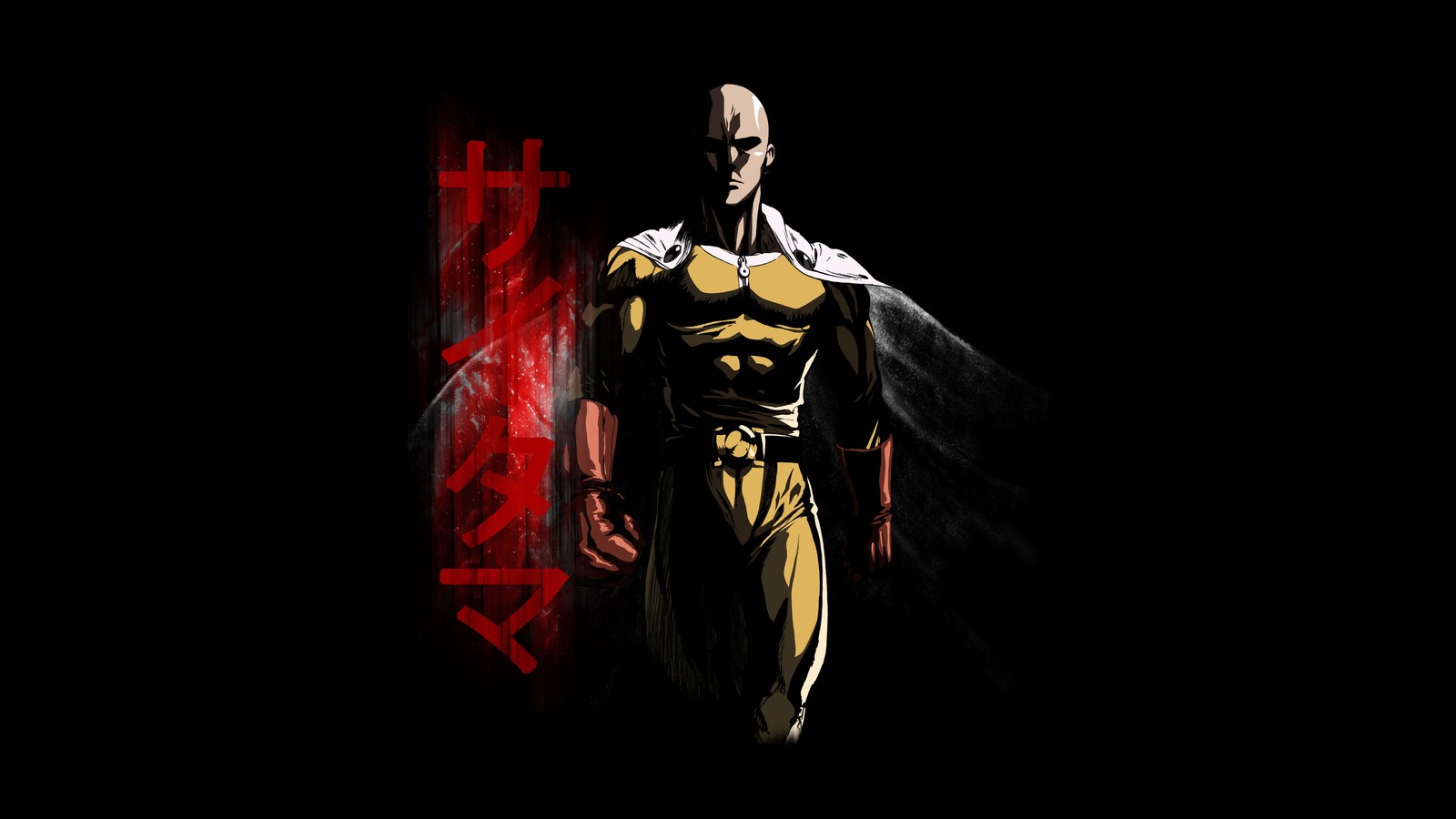 Un hombre en un traje amarillo y negro de pie en la oscuridad (saitama, arte de fans, one punch man, fondo negro, oscuro negro)