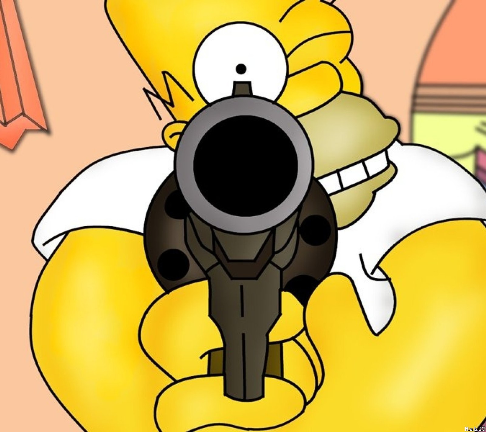 Un dibujo animado de un hombre sosteniendo un arma en la mano (fuego, homero)