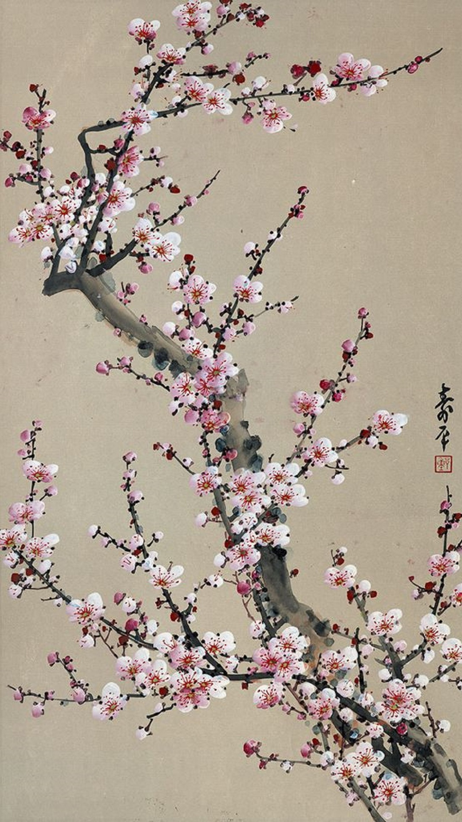 A close up of a painting of a tree with flowers (flower, painting)