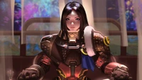 Brigitte de Overwatch, vestida com armadura, exalando confiança e força.