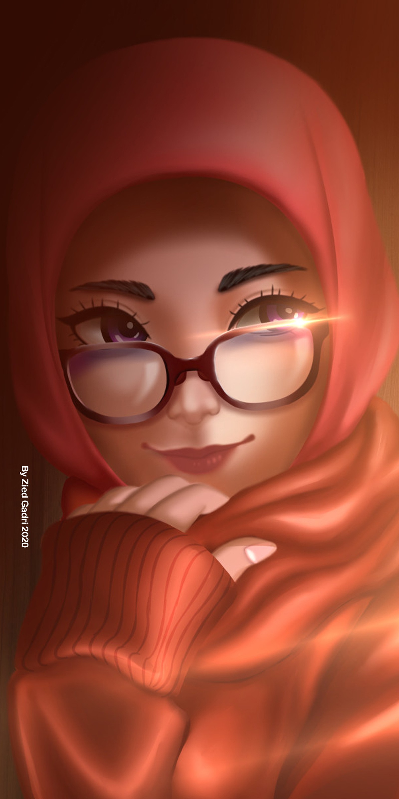 Une peinture numérique d'une femme portant des lunettes (yeux, verre, hijab, islam, islamique)