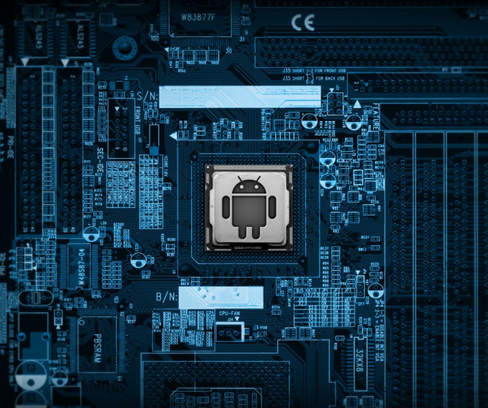 Um close de um microchip em uma placa-mãe de computador (android, cpu)