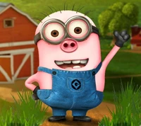 A cheerful pig in overalls and glasses, playfully waving in a vibrant farm setting.