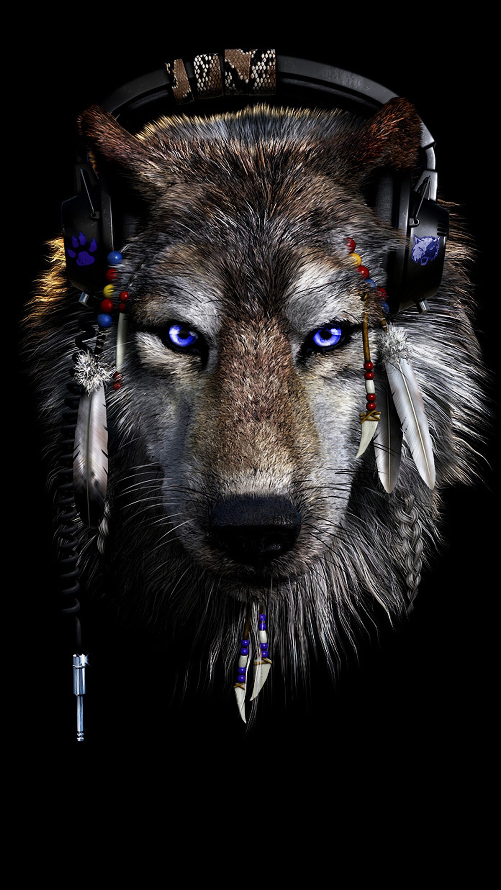 Baixar papel de parede azul, dj, fone de ouvido, lobo, lobos