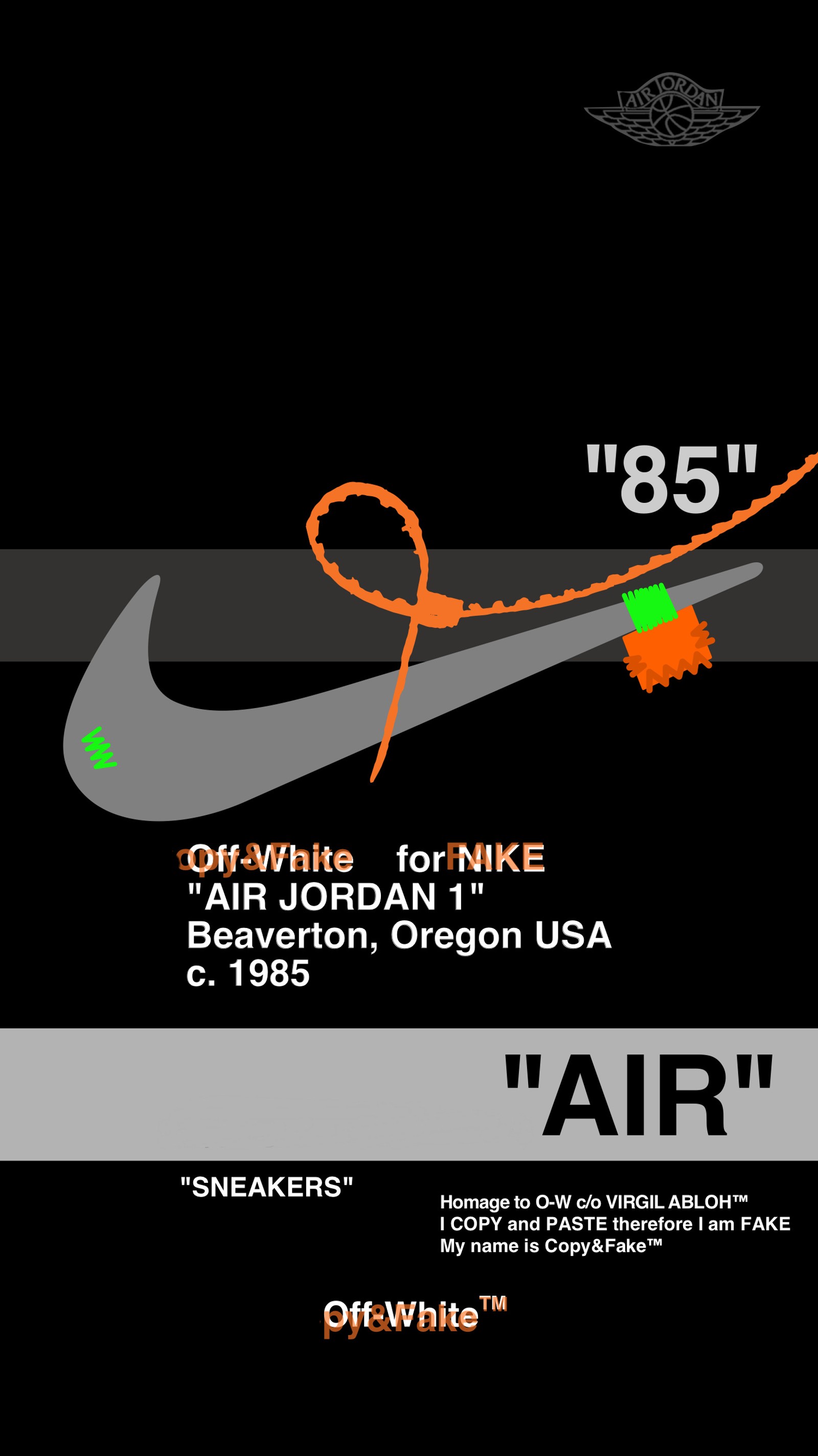 Nike air logo on a black background with a green arrow (jordan 1, off white)