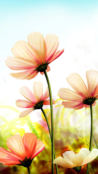 Delicate pink flowers swaying gently in a sunlit field.